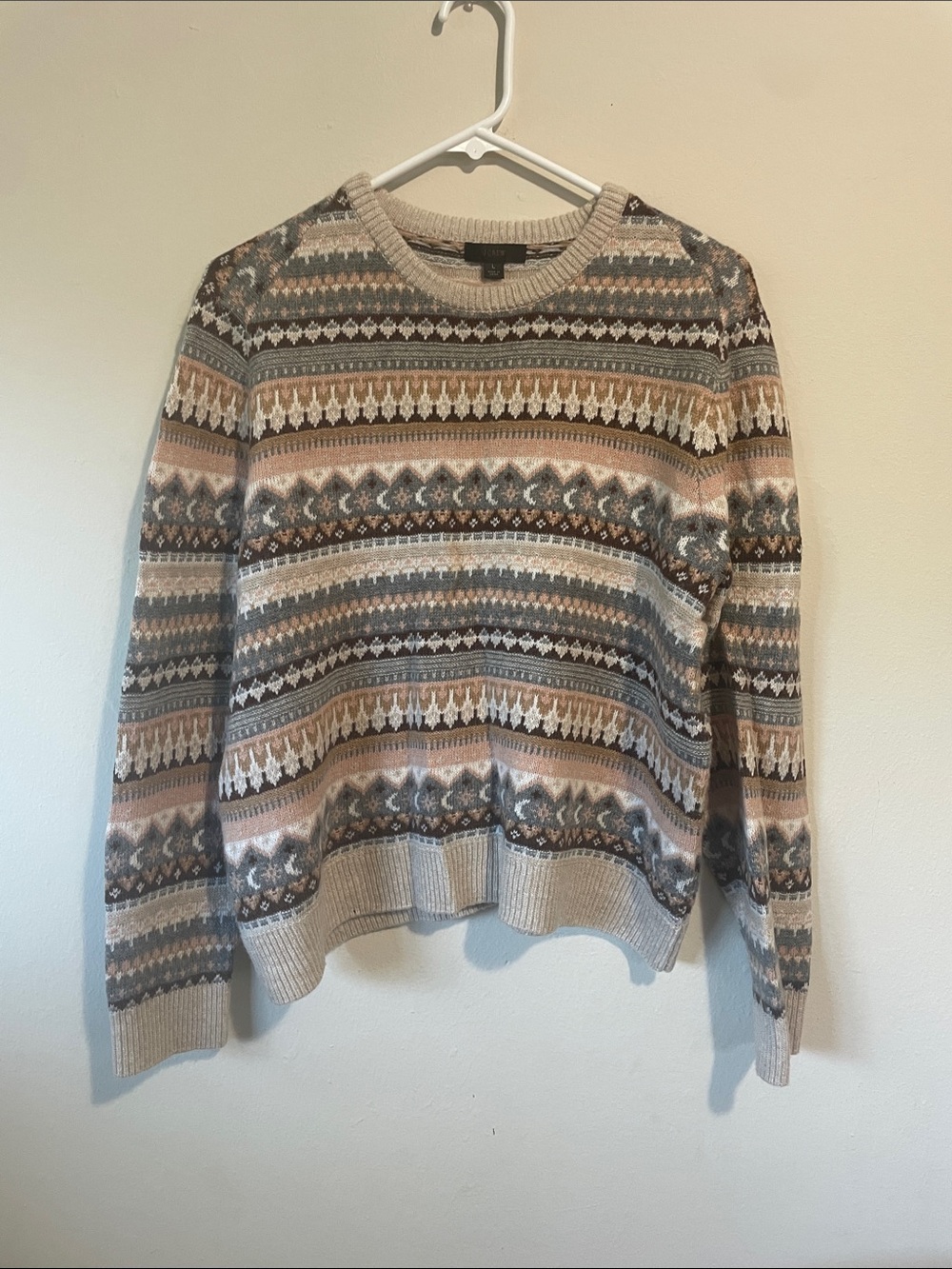 J. Crew Fair Isle Crewneck Sweater in Beige, Brown, Gray. Size large.